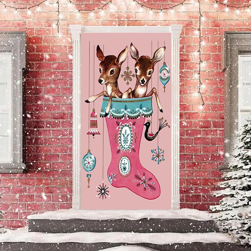 Aperturee - Christmas Stocking Sika Deer Pink Door Cover Decor