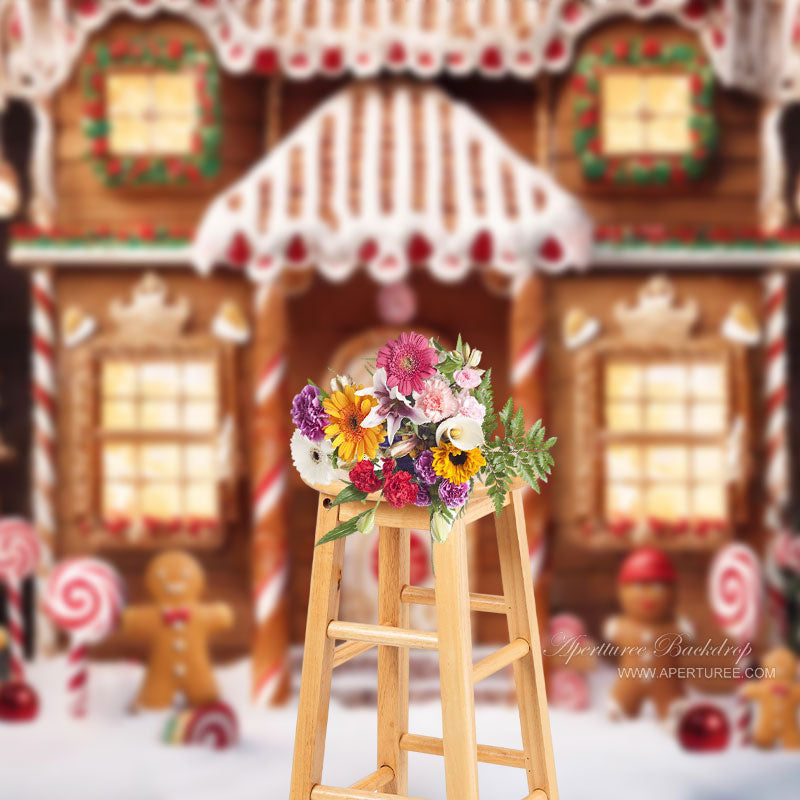 Aperturee - Christmas Tree Bokeh Candy Gingerbread House Backdrop