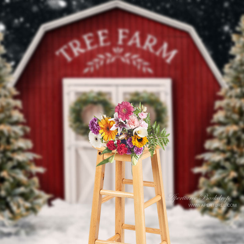 Aperturee - Christmas Tree Farm Snow Red Wooden Cabin Backdrop