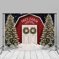 Aperturee - Christmas Tree Farm Snow Red Wooden Cabin Backdrop