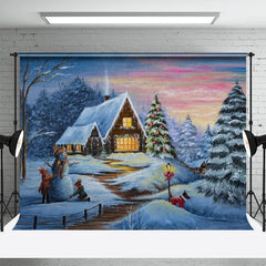 Aperturee - Christmas Tree Forest Snowman Wooden Cabin Backdrop