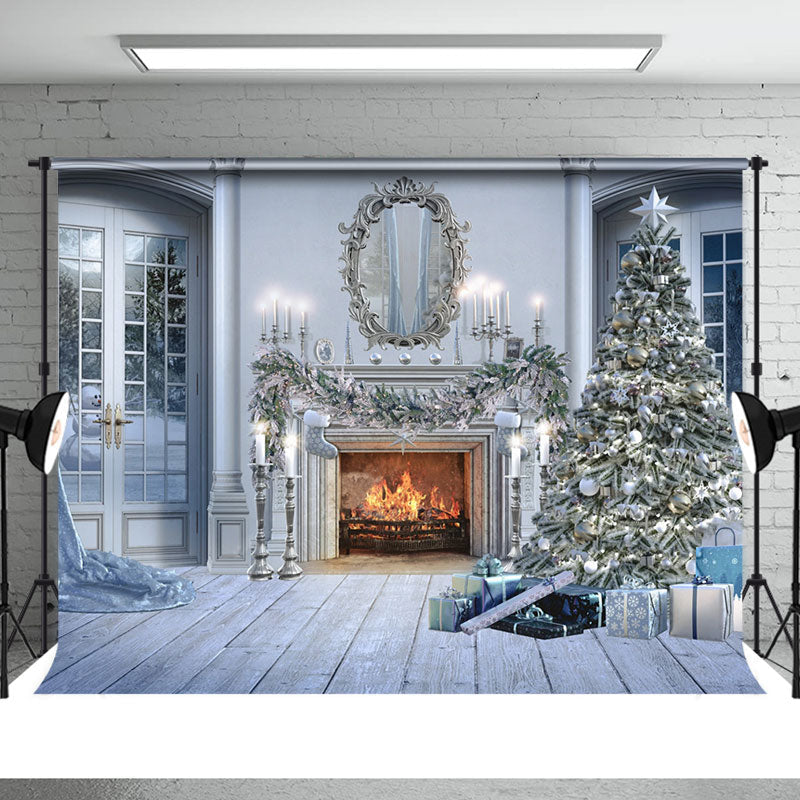 Aperturee - Christmas Tree Gifts White Wood Fireplace Backdrop