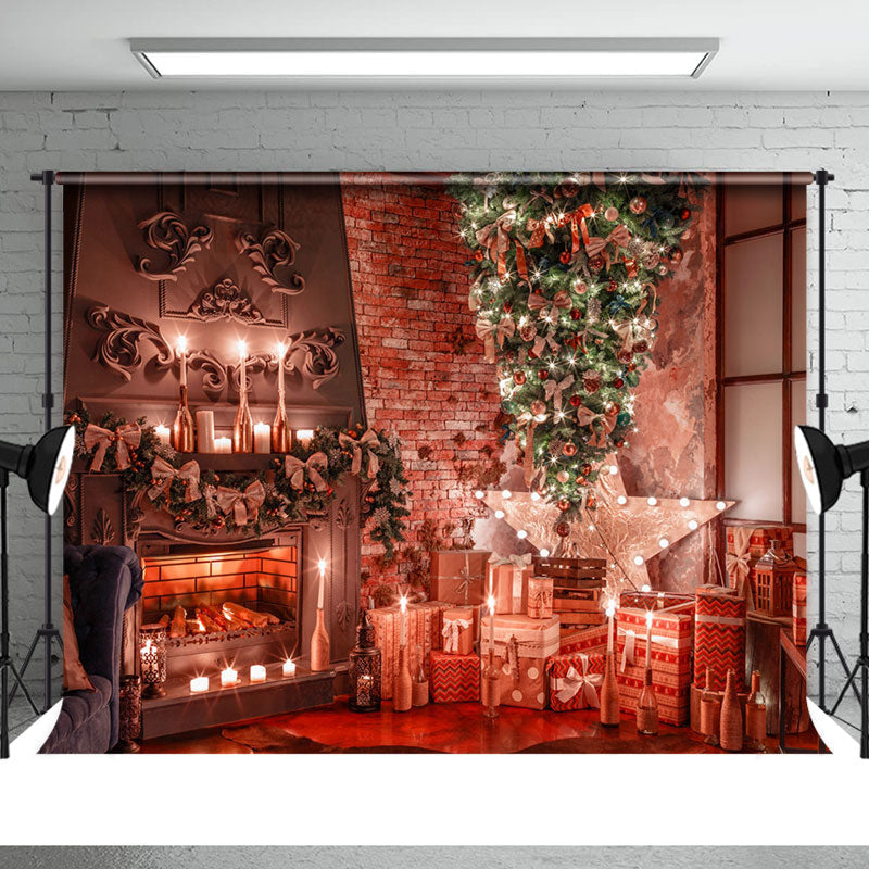 Aperturee - Christmas Tree Presents Fireplace Candles Backdrop