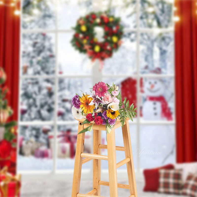 Aperturee - Christmas Tree Snowman Window Photography Backdrop