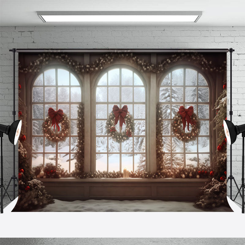 Aperturee - Christmas Tree Wreath Bowknot Window Portrait Backdrop