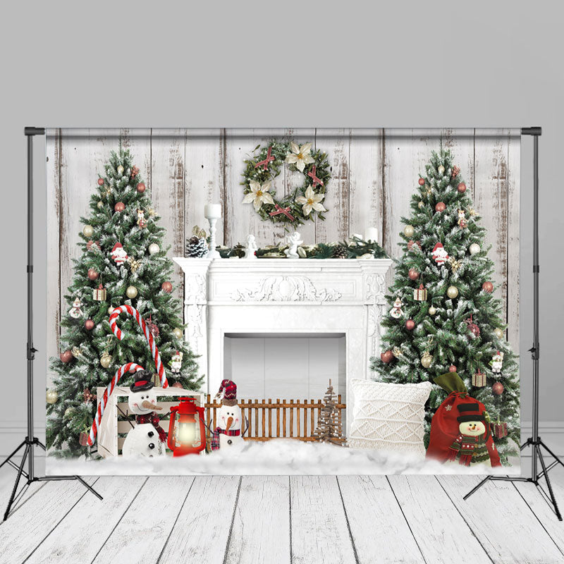 Aperturee - Christmas Tree Wreath Snowman Fireplace Backdrop