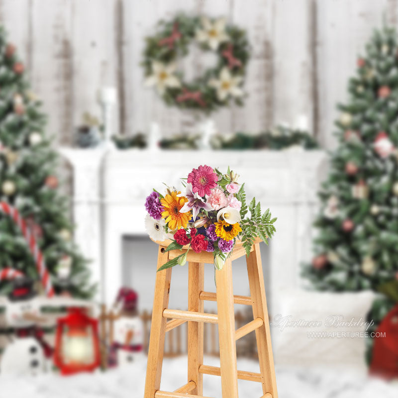 Aperturee - Christmas Tree Wreath Snowman Fireplace Backdrop