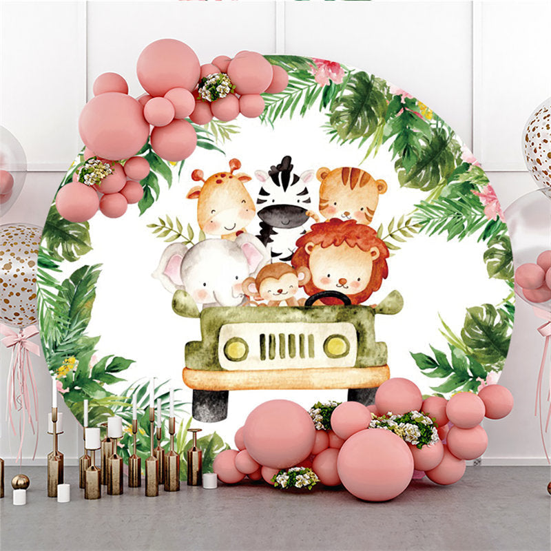 Aperturee Circle Animals Sitting In Cars Happy Birthday Backdrop