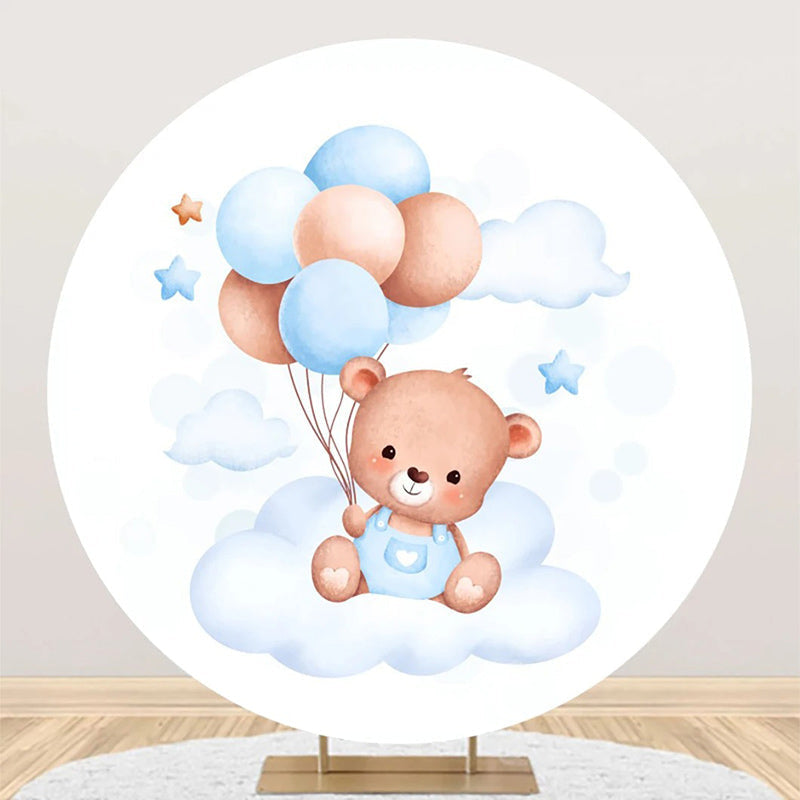 Aperturee - Circle Blue Cloud Balloon Bear Baby Shower Backdrop