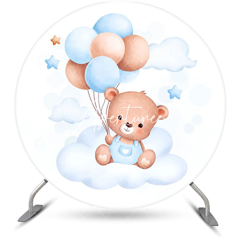 Aperturee - Circle Blue Cloud Balloon Bear Baby Shower Backdrop