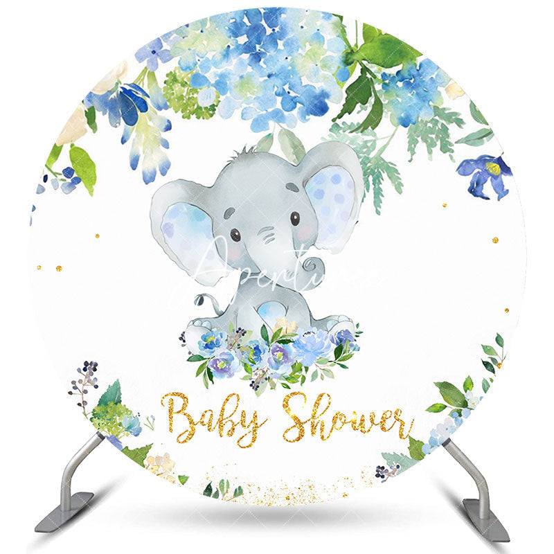 Aperturee Circle Blue Floral And Elephant Baby Shower Backdrop