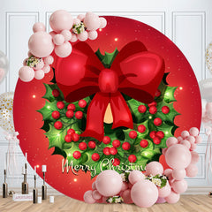 Aperturee - Circle Bow And Leaves Red Christmas Backdrop