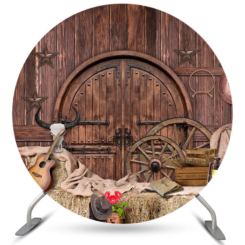 Aperturee Circle Brown Wooden And Western Cowboy Birthday Backdrop