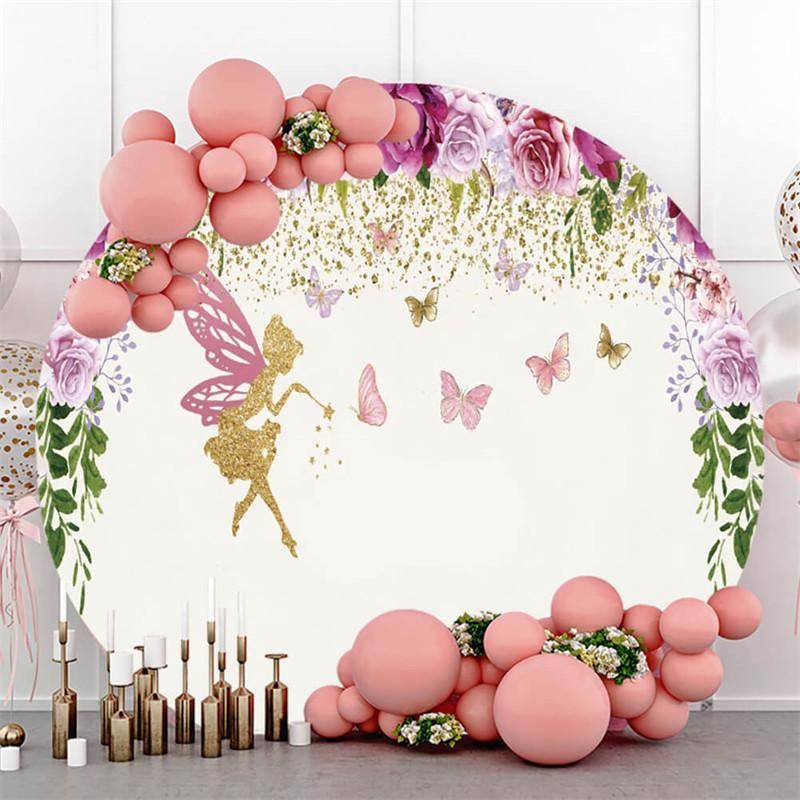 Aperturee Circle Butterfly And Flower Happy Birthday Backdrop