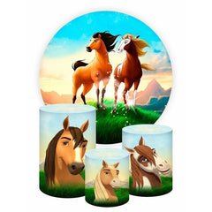 Aperturee Circle Cartoon Horse Rpund Birthday Party Backdrop Kit