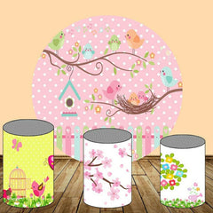 Aperturee Circle Cute Bird Round Pink Birthday Party Backdrop Kit