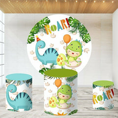 Aperturee Circle Cute Dinosaur Round Kids Birthday Backdrop Kit