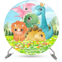 Aperturee Circle Dinosaur Family Grass Kids Birthday Backdrop