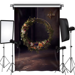 Aperturee - Circle Flowers Wreath Dark Photography Backdrop