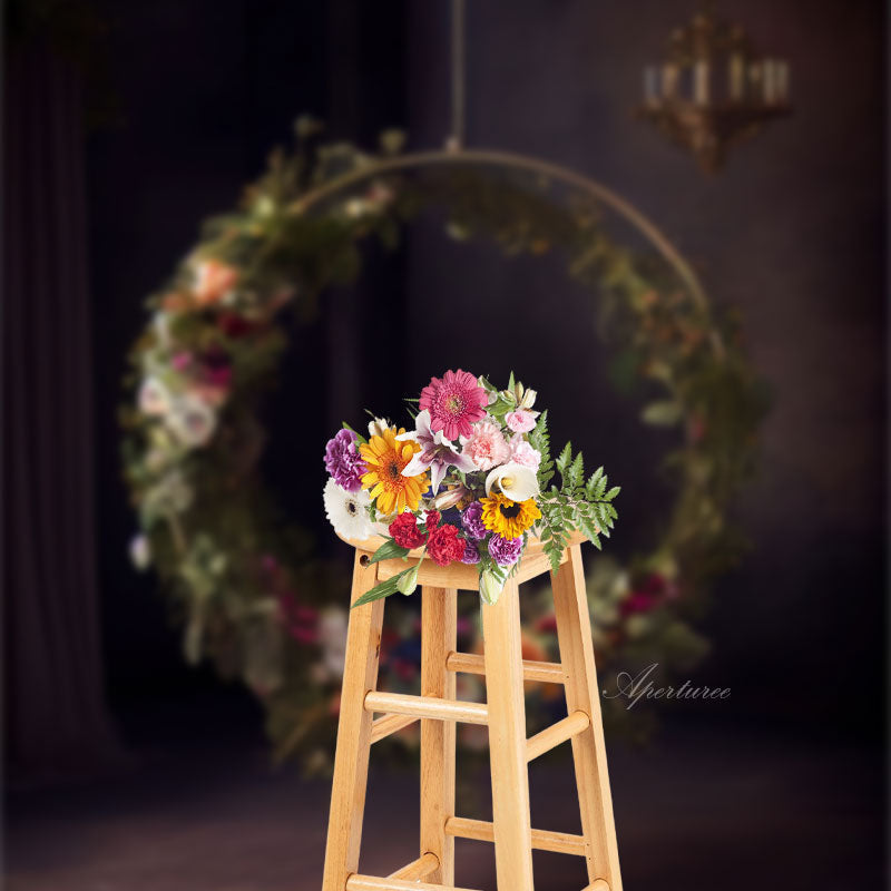 Aperturee - Circle Flowers Wreath Dark Photography Backdrop