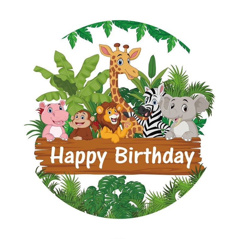 Aperturee - Circle Forest And Animals Round Happy Birthday Backdrop