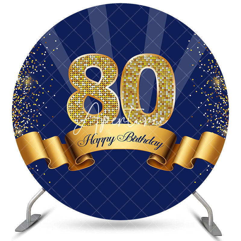 Aperturee Circle Glitter Royal Blue Happy 80th Birthday Backdrop