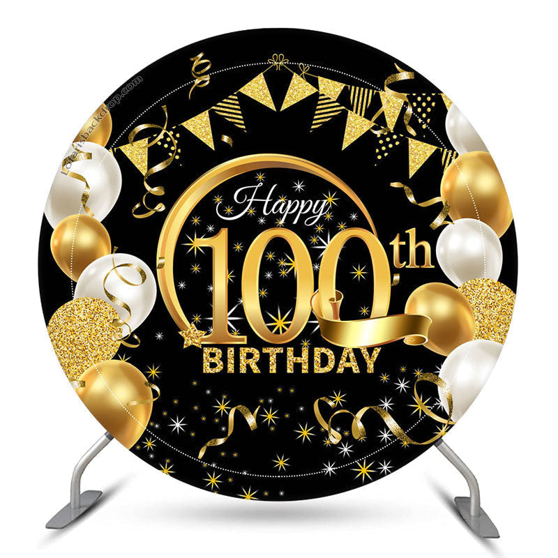 Aperturee Circle Gold Glitter Black 100th Birthday Backdrop