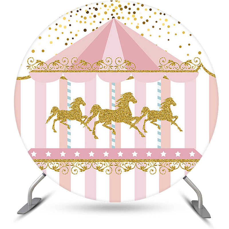 Aperturee Circle Gold Glitter Carousel Pink Birthday Backdrop