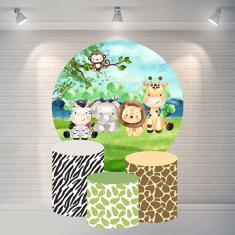 Aperturee Circle Green Forest Animals Happy Birthday Backdrop