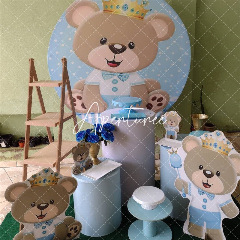 Aperturee Circle Little Teddy Bear Round Blue Baby Shower Backdrop