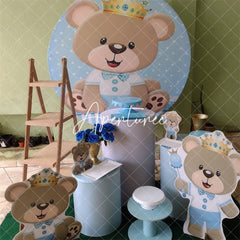 Aperturee Circle Little Teddy Bear Round Blue Baby Shower Backdrop