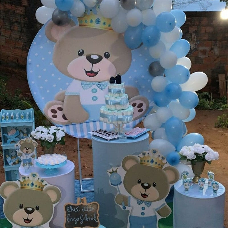 Aperturee Circle Little Teddy Bear Round Blue Baby Shower Backdrop