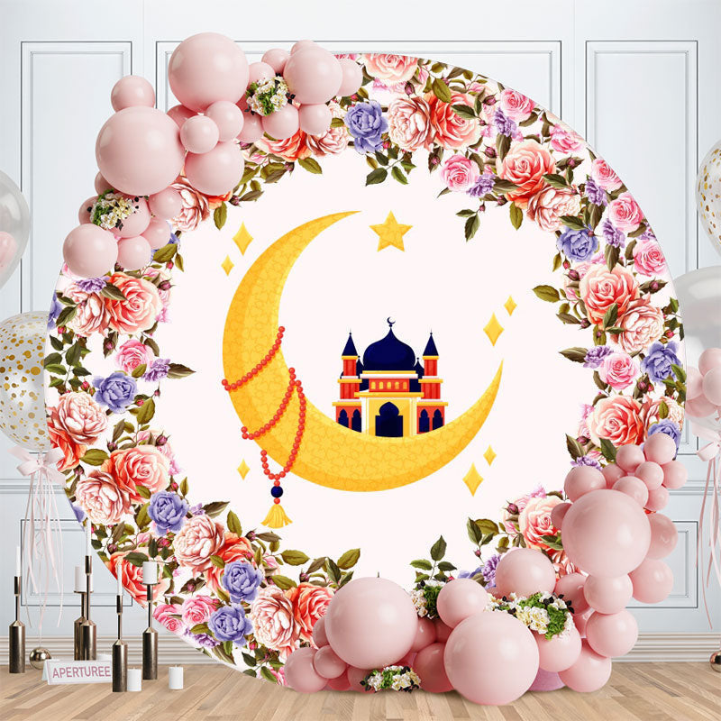 Aperturee - Circle Moon Castle And Floral Girls Birthday Backdrop