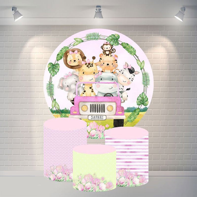 Aperturee Circle Pink Car And Animals Happy Birthday Backdrop