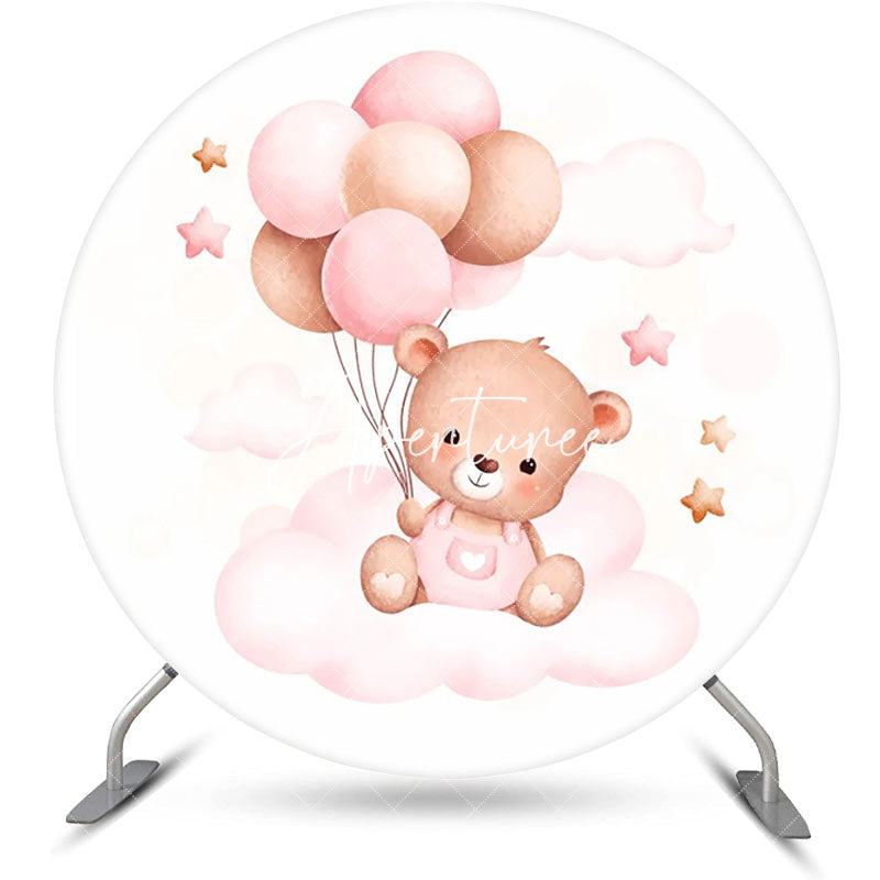 Aperturee - Circle Pink Cloud Balloon Bear Baby Shower Backdrop