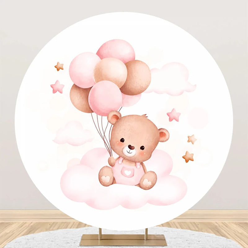 Aperturee - Circle Pink Cloud Balloon Bear Baby Shower Backdrop