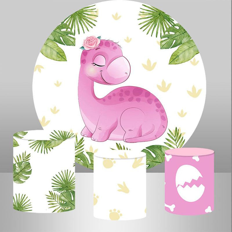 Aperturee Circle Pink Dinosaur And Leaves Baby Shower Backdrop