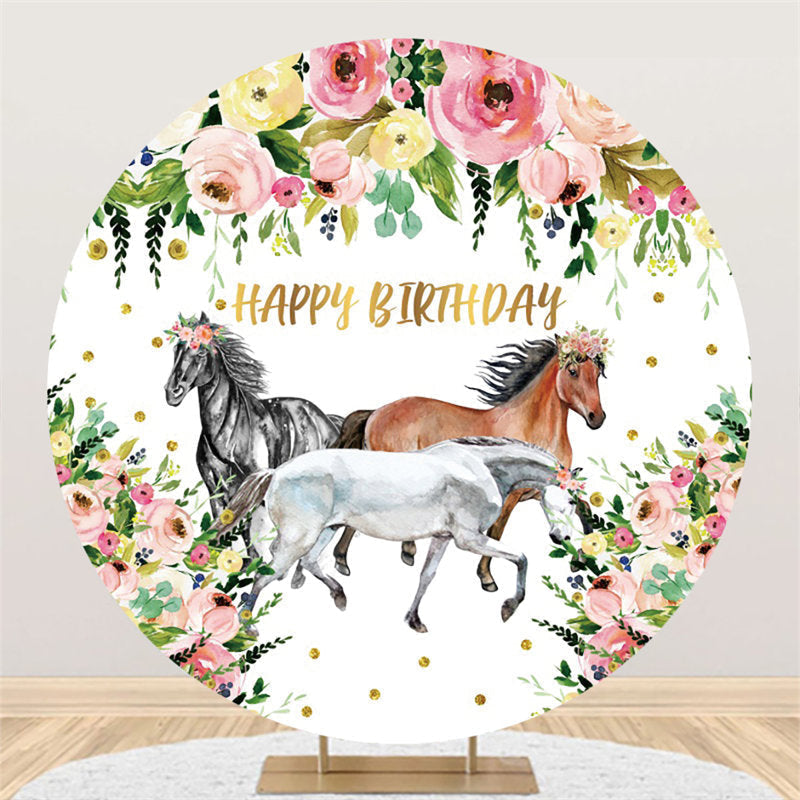 Aperturee Circle Pink Floral And Horse Happy Birthday Backdrop