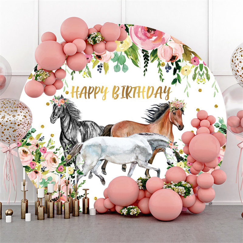 Aperturee Circle Pink Floral And Horse Happy Birthday Backdrop