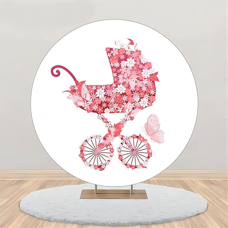 Aperturee - Circle Pink Floral Stroller Baby Shower Backdrop