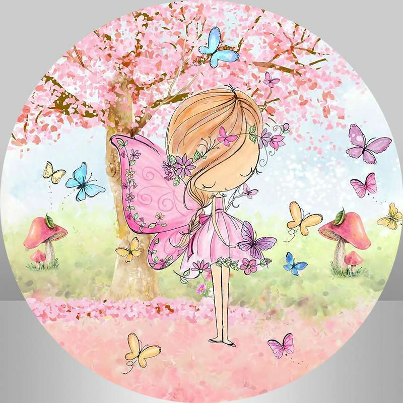 Aperturee - Circle Pink Tree Butterfly Happy Birthday Backdrop