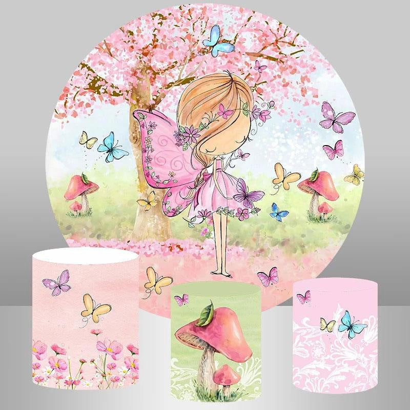 Aperturee Circle Pink Tree Butterfly Happy Birthday Backdrop