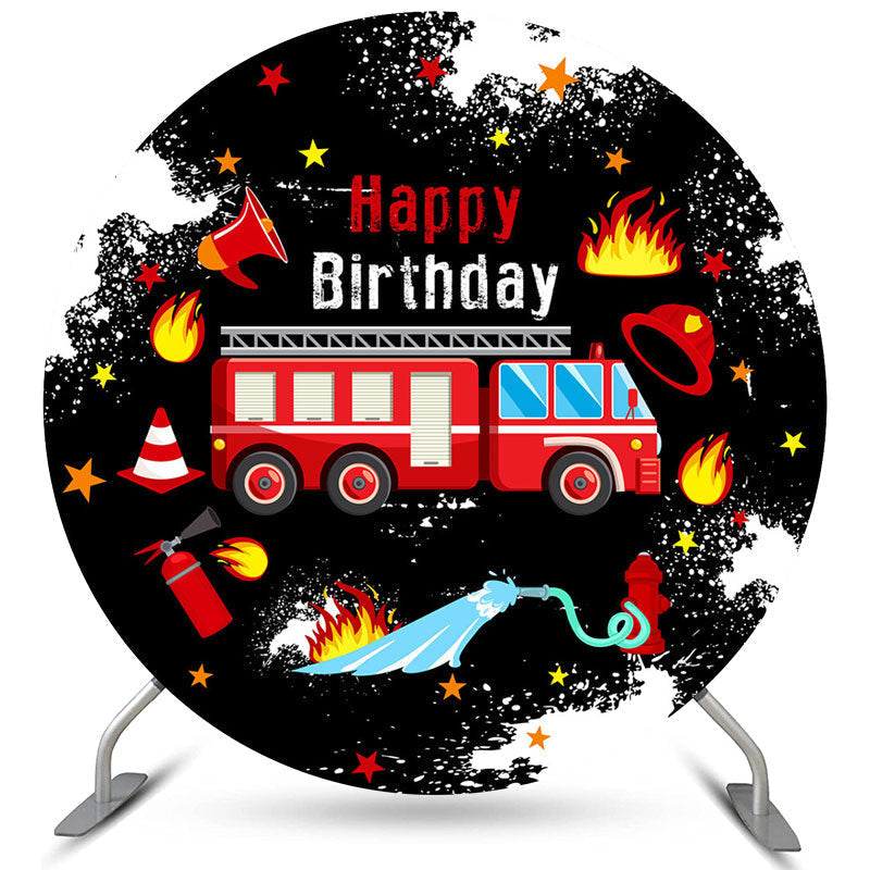 Aperturee Circle Red Fire Truck Black Birthday Party Backdrop For Boy