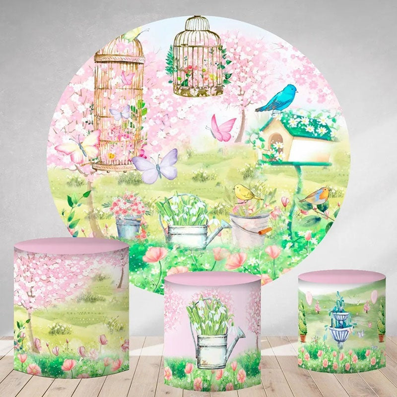 Aperturee Circle Spring Pink Floral Round Garden Birthday Backdrop