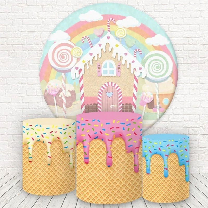 Aperturee Circle Sweet Ice Cream House Round Birthday Backdrop Kit