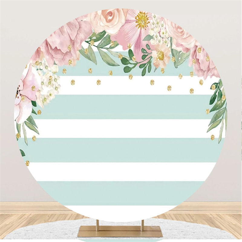 Aperturee Circle White Stripe Pink Flower Happy Birthday Backdrop