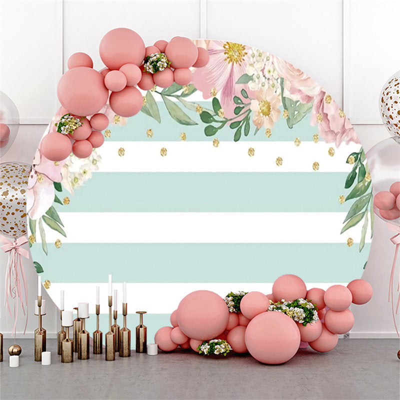 Aperturee Circle White Stripe Pink Flower Happy Birthday Backdrop