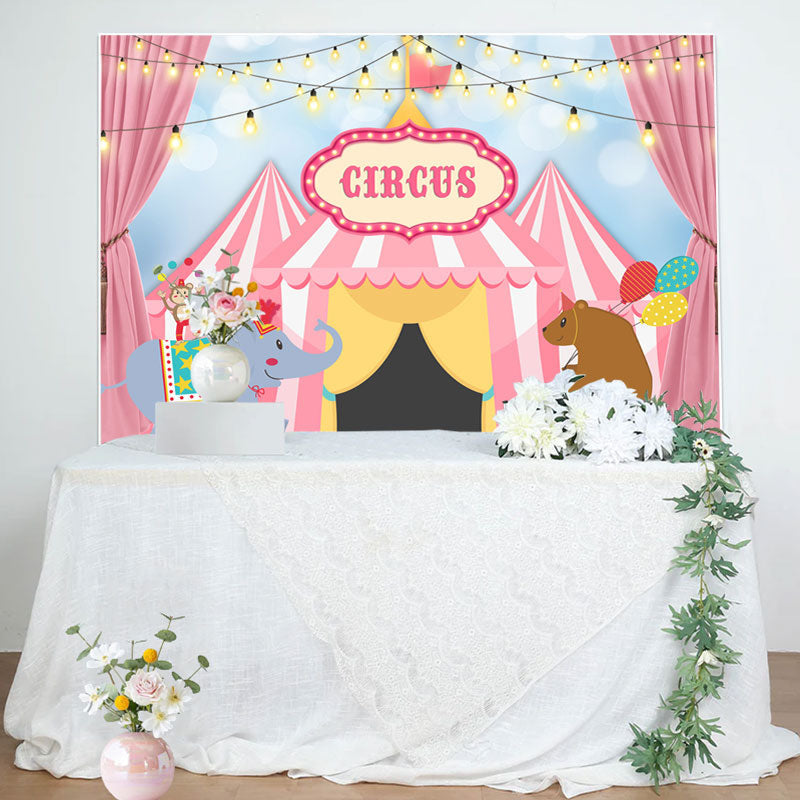 Aperturee - Circus Mill Animals Tent Pink Happy Birthay Backdrop