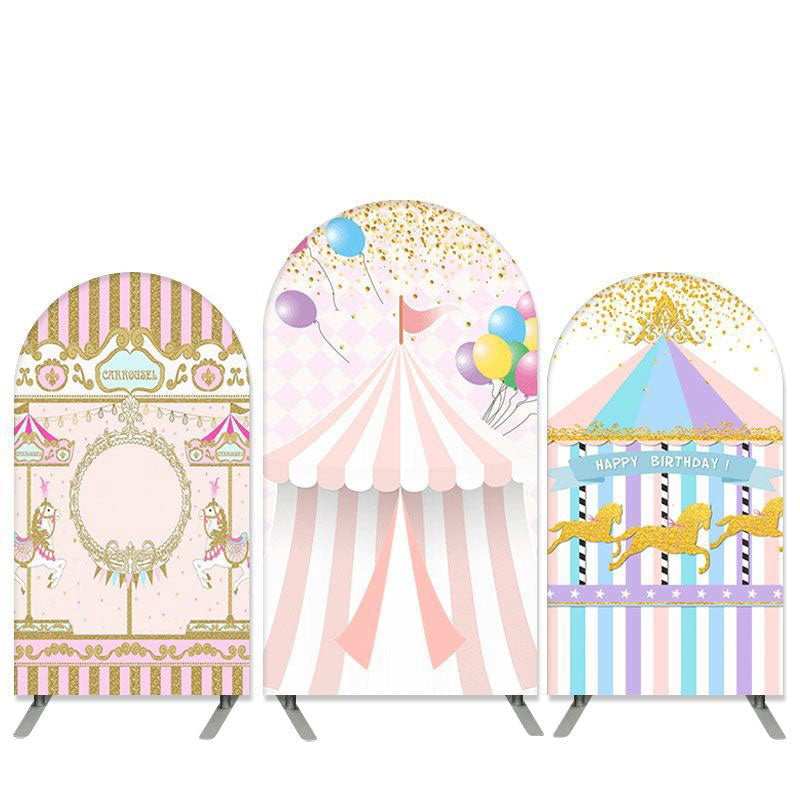 Aperturee Circus Theme Pink Carousel Birthday Arch Backdrop Kit