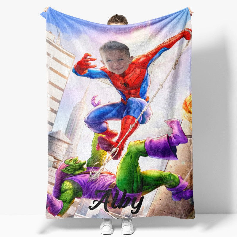 Aperturee - City Flying Hero Green Monster Cobweb Custom Blanket